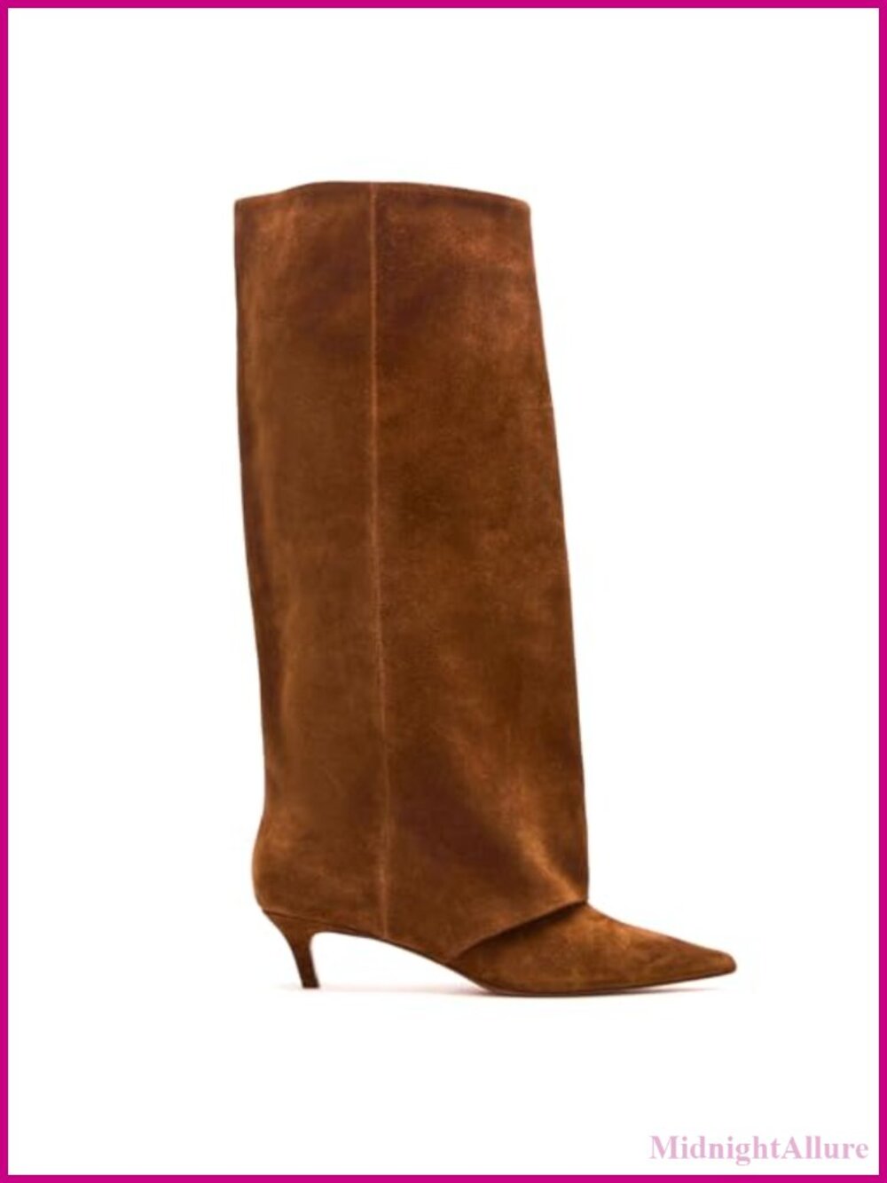 Suede Knee High Boots Pull On Pointed Toe Kitten Heel Fold Over